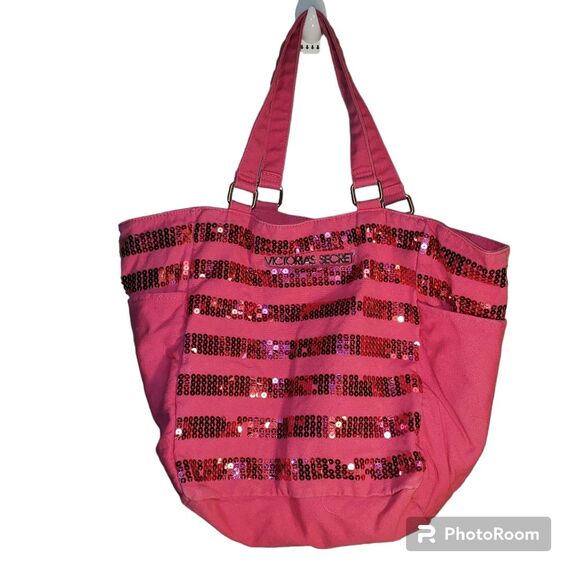 Victoria's Secret Tote Bag Fuchsia Pink Sequin 18 x 13 Glitter - Picture 1 of 6